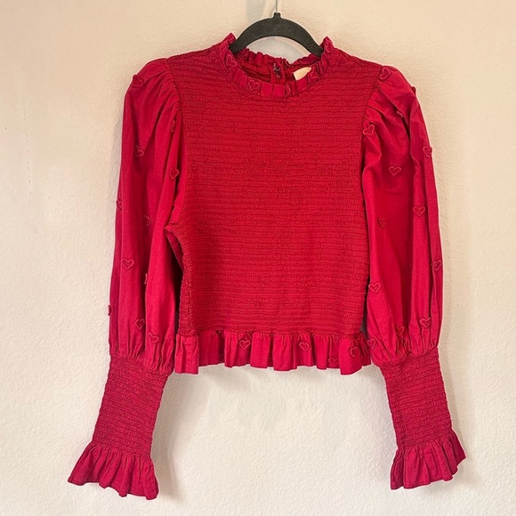 Farm Rio Burgundy Red Smocked Blouse Top Heart Embellished Sleeves- Size XL - Picture 3 of 6